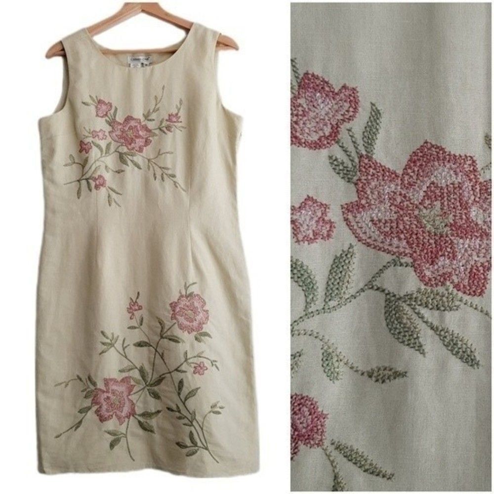 COLDWATER CREEK Linen Cotton Shift Dress Embroidered Floral Sz 10